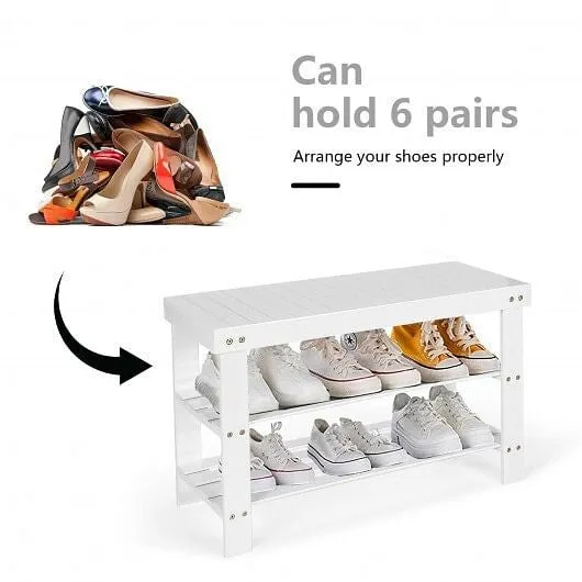 3-Tier Bamboo Shoe Bench Holds up to 6 Pairs for Entry-White - Color: White