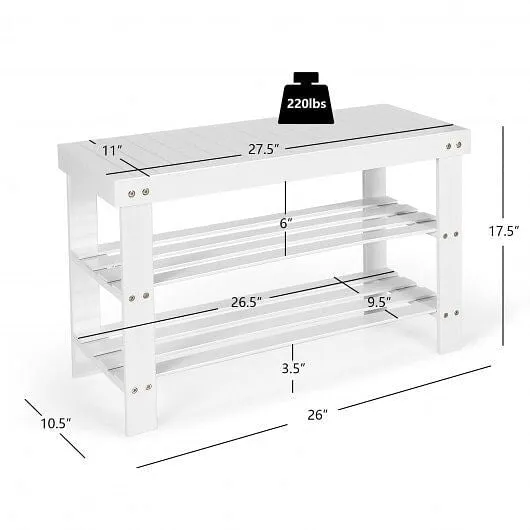 3-Tier Bamboo Shoe Bench Holds up to 6 Pairs for Entry-White - Color: White