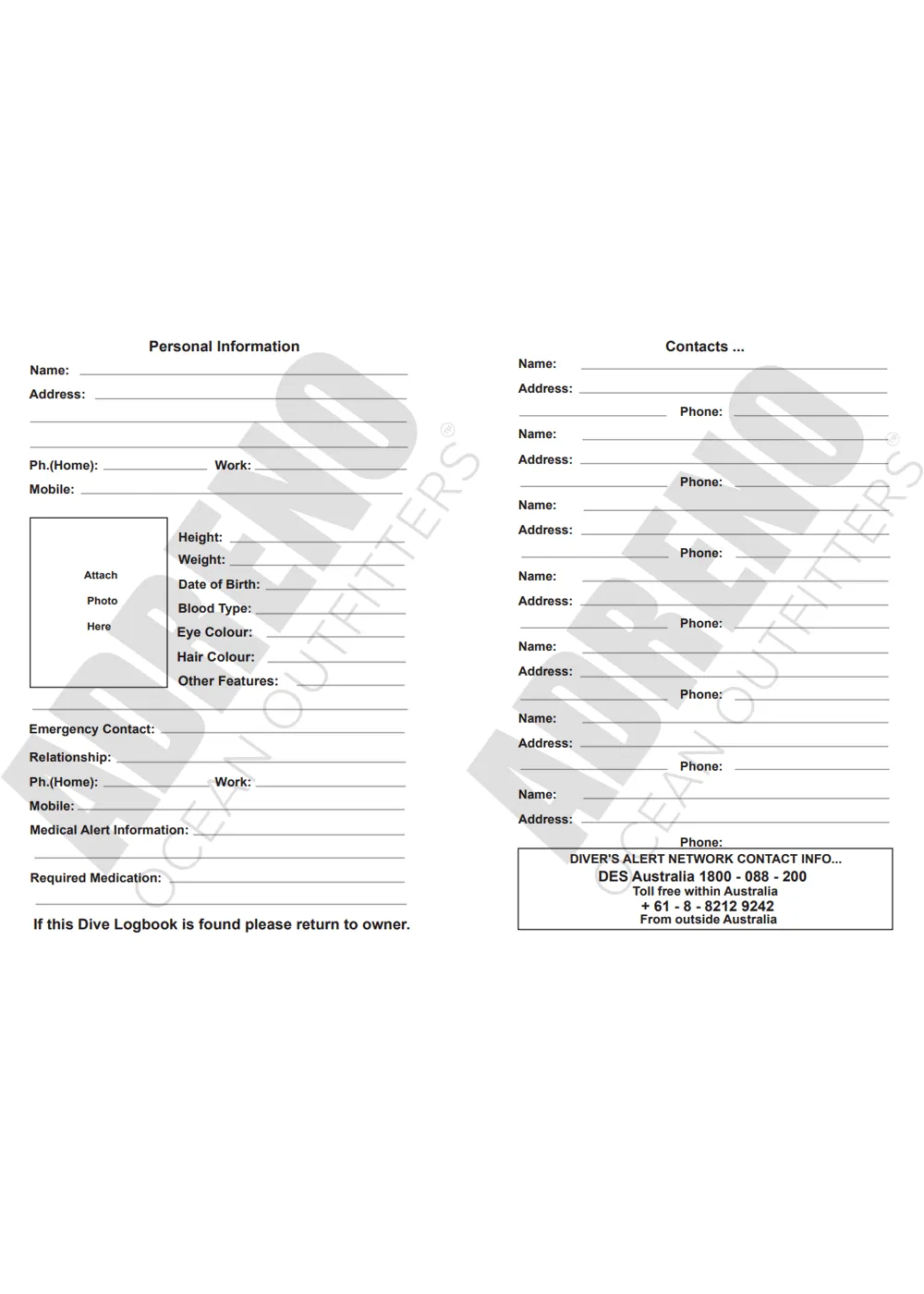 Adreno Scuba Diving Log Book
