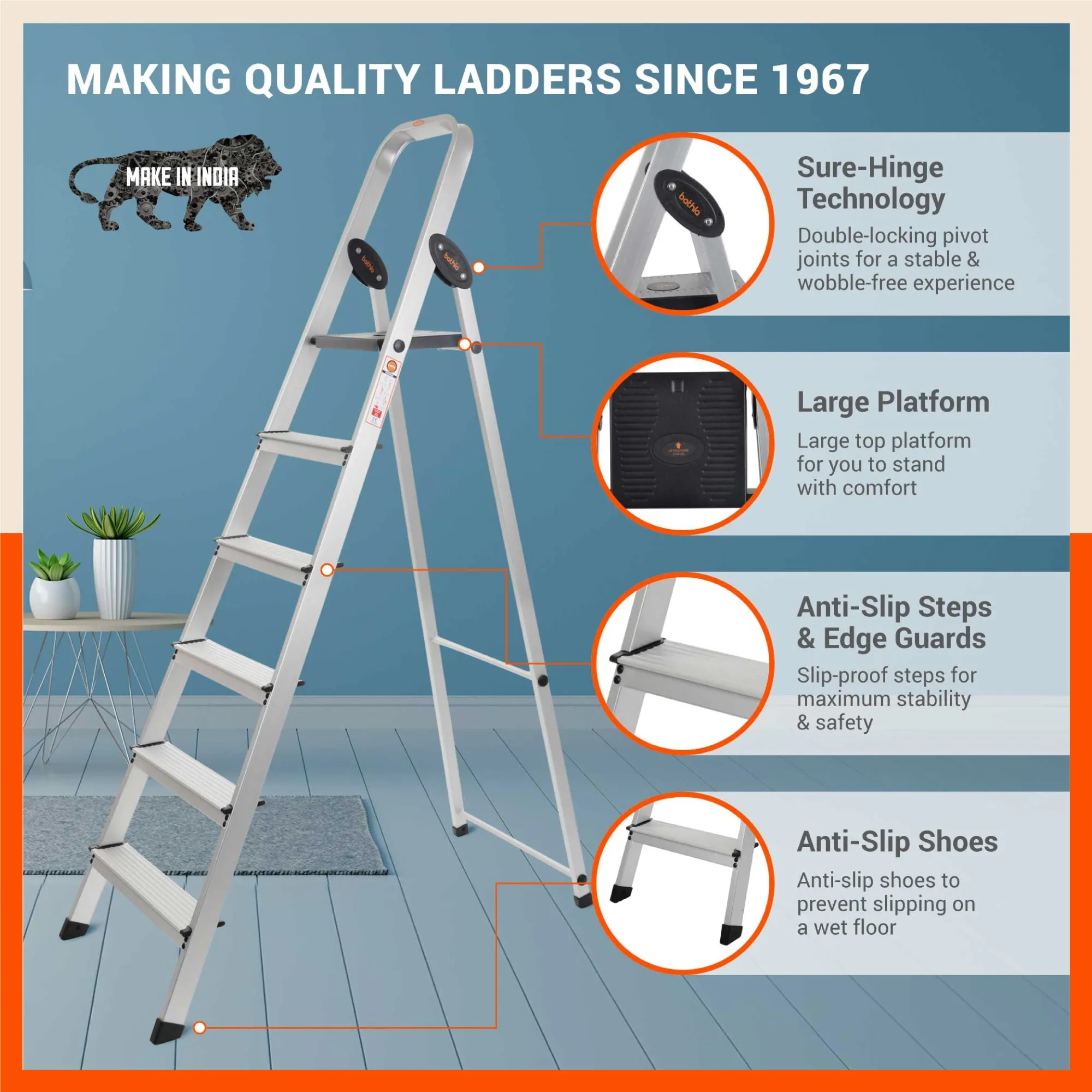 Bathla Advance Carbon - 6 Step Foldable Aluminium Ladder For Home (Black)