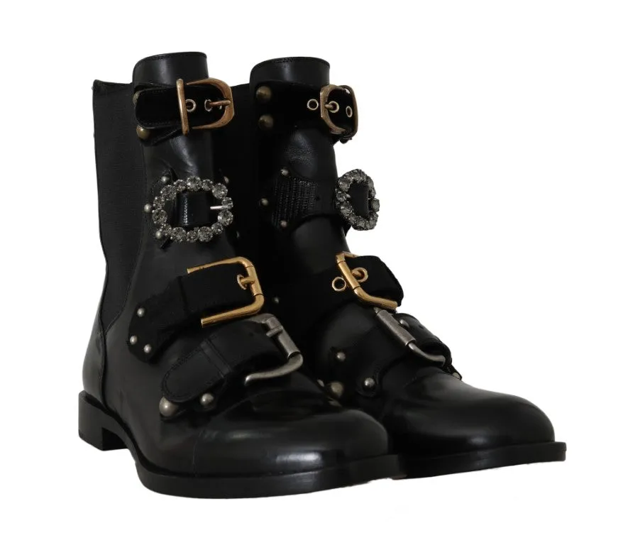 Black Leather Crystal Ankle Boots