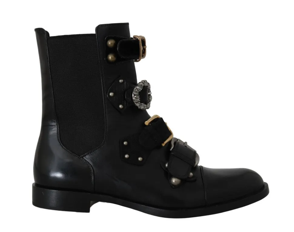 Black Leather Crystal Ankle Boots