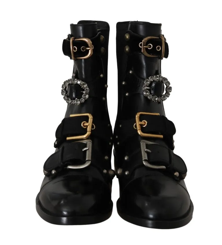 Black Leather Crystal Ankle Boots