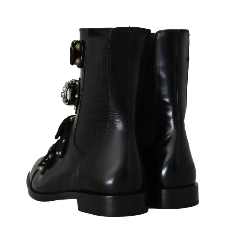 Black Leather Crystal Ankle Boots