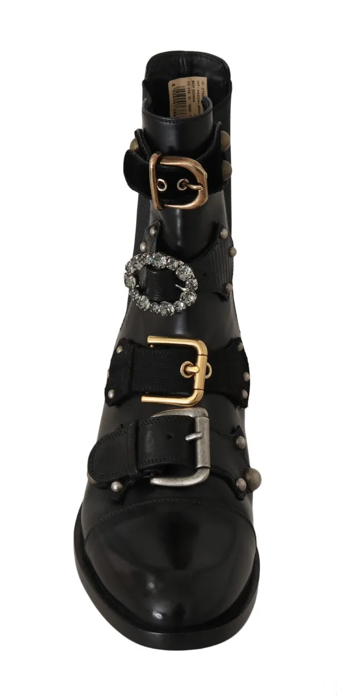 Black Leather Crystal Ankle Boots