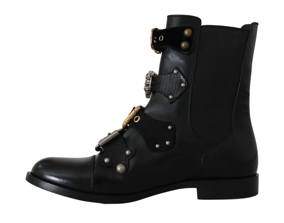 Black Leather Crystal Ankle Boots