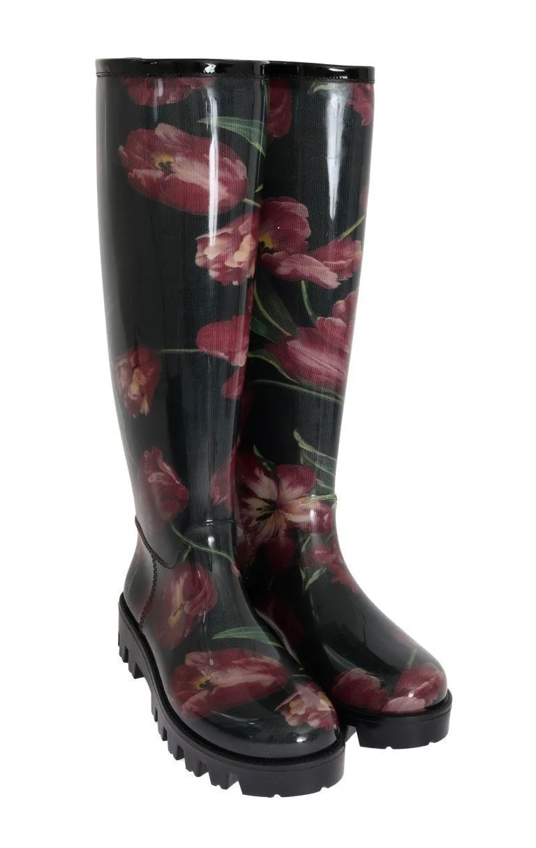 Black Rubber Red Tulip Print Boots