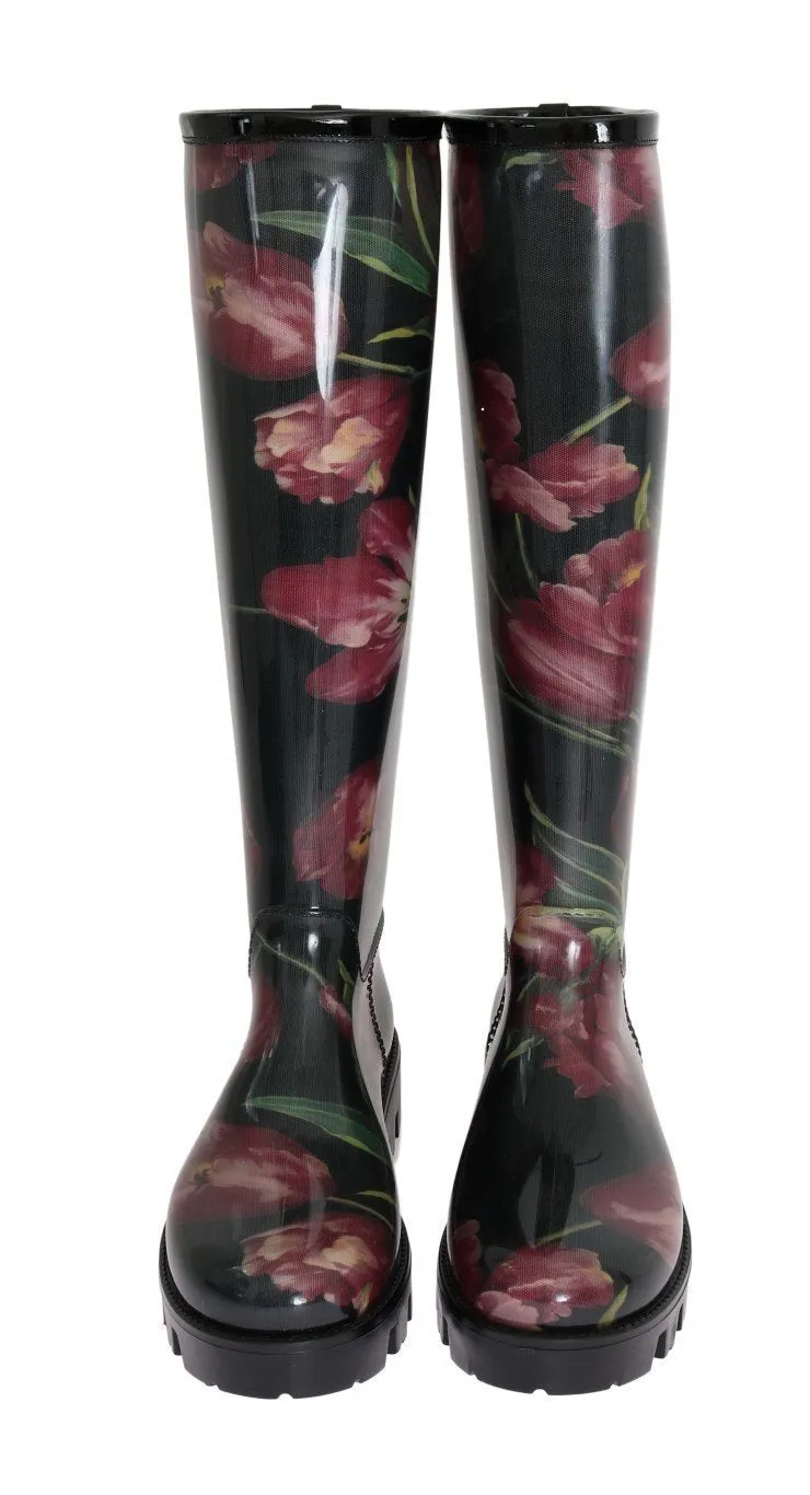Black Rubber Red Tulip Print Boots
