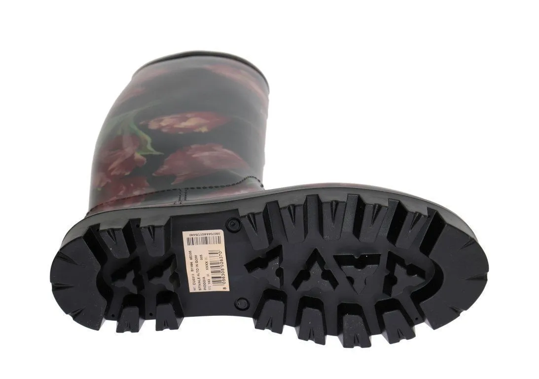 Black Rubber Red Tulip Print Boots