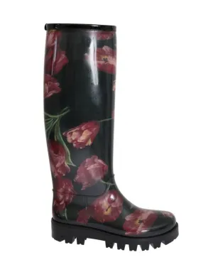 Black Rubber Red Tulip Print Boots