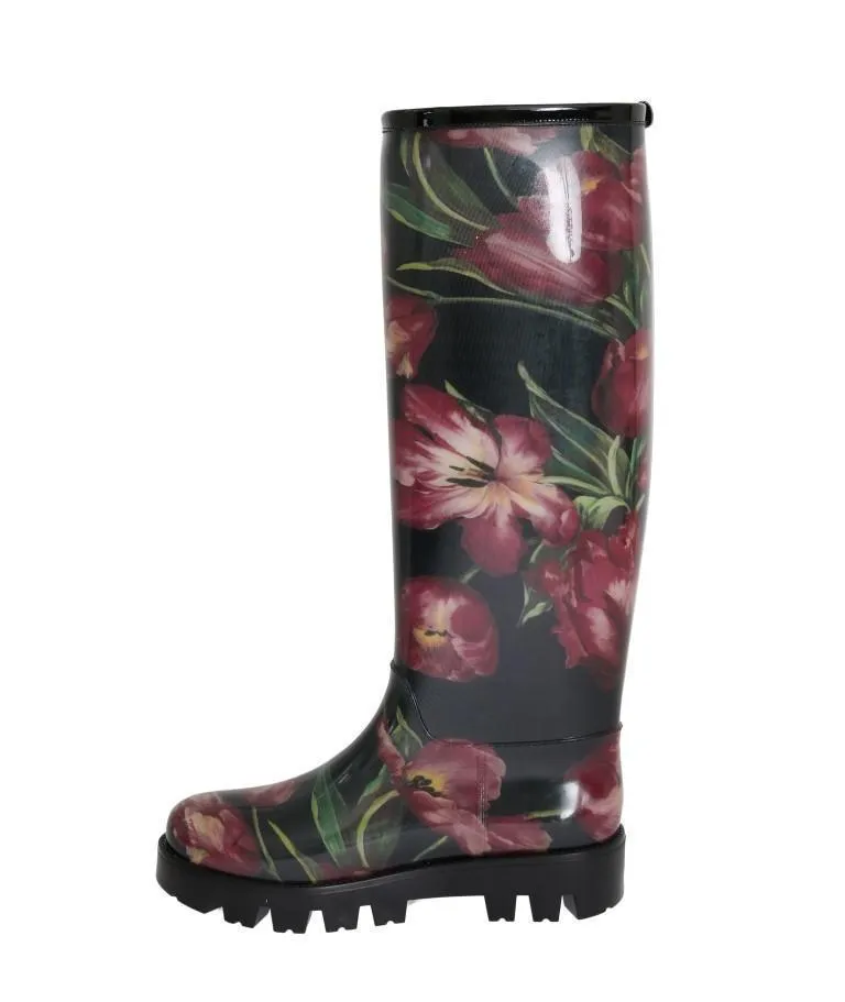 Black Rubber Red Tulip Print Boots