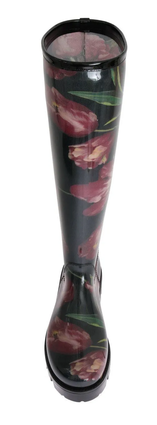 Black Rubber Red Tulip Print Boots