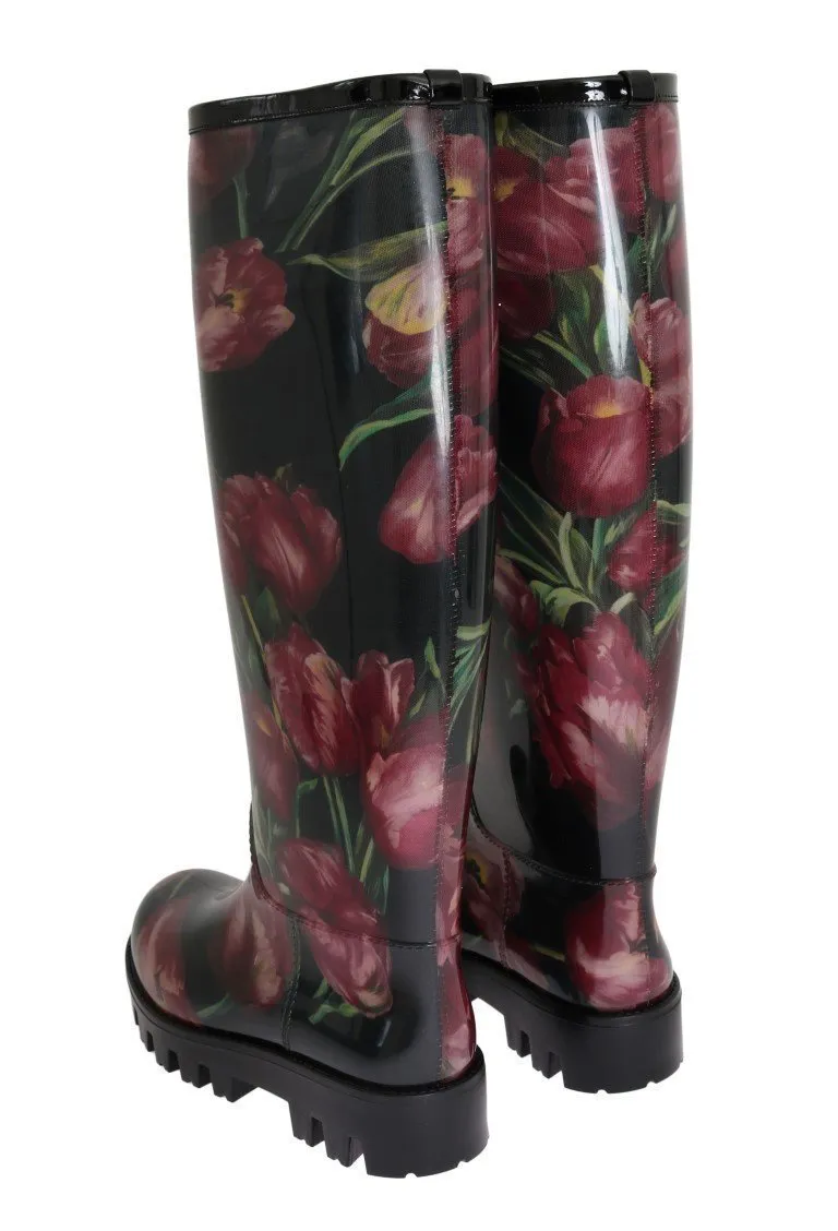 Black Rubber Red Tulip Print Boots