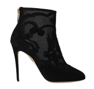Black Suede Tulle Floral Ankle Boots