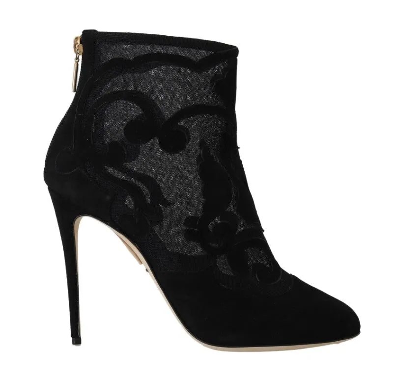 Black Suede Tulle Floral Ankle Boots