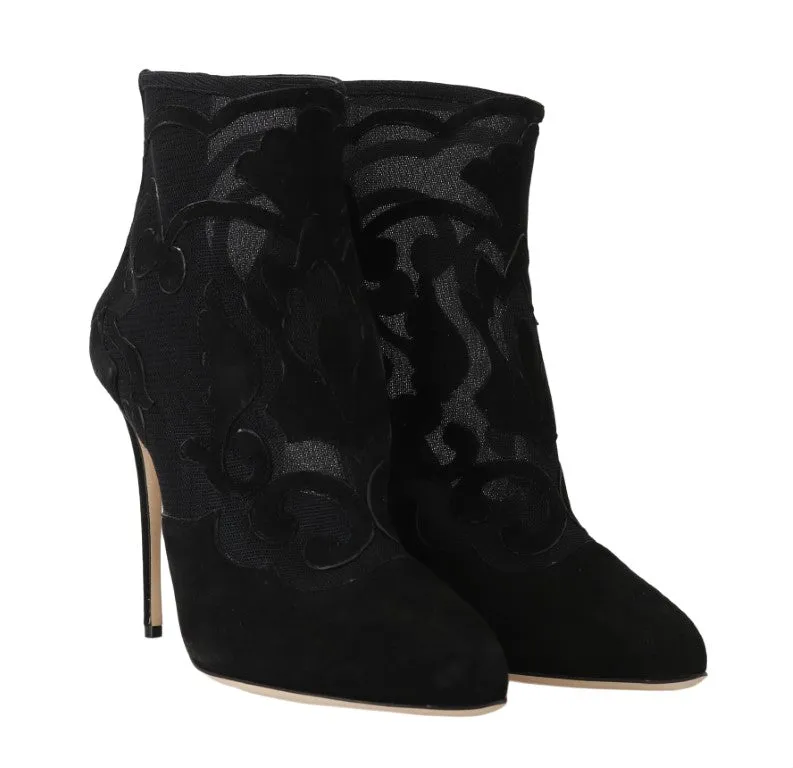 Black Suede Tulle Floral Ankle Boots