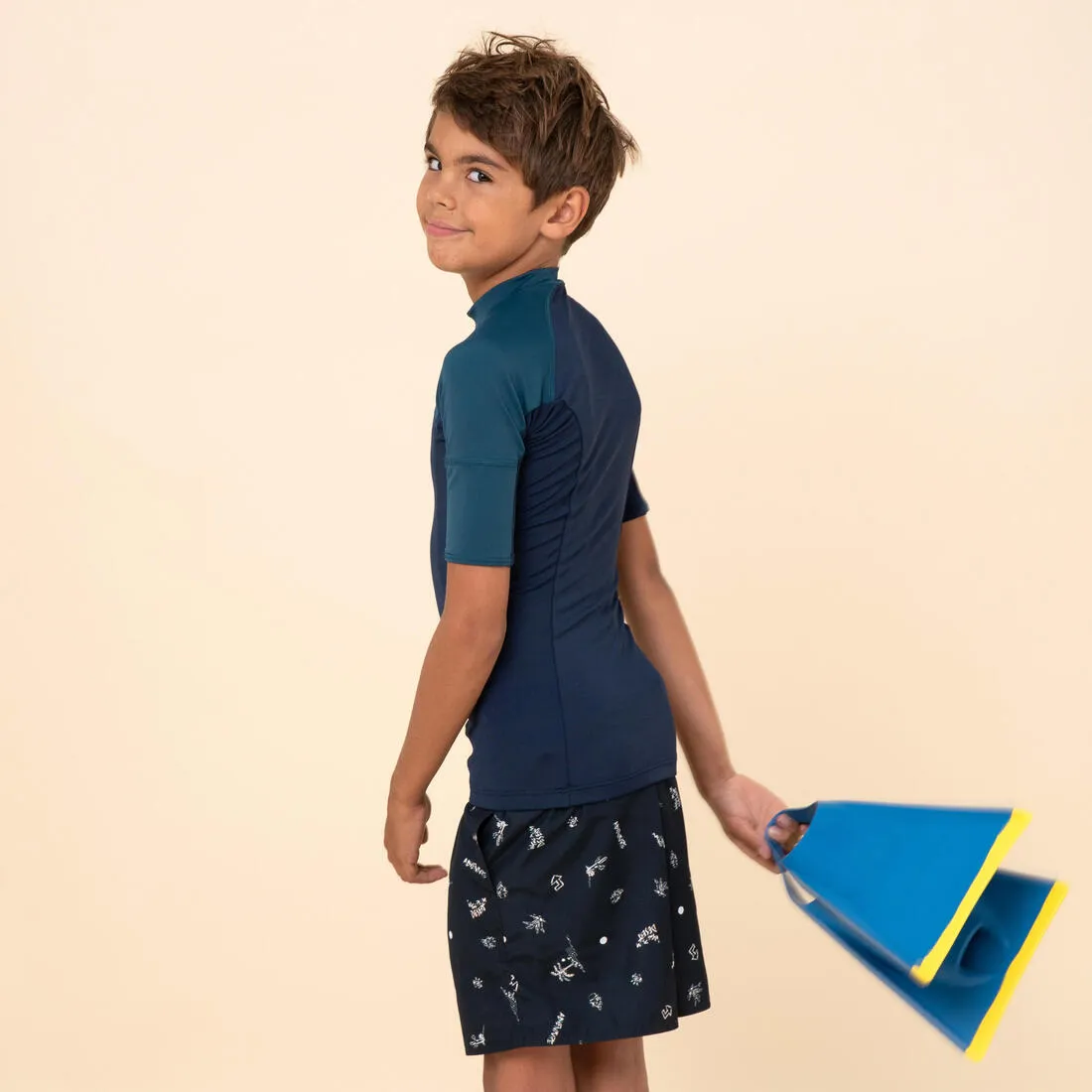 Boys’ short-sleeved sun top - navy blue and petrol