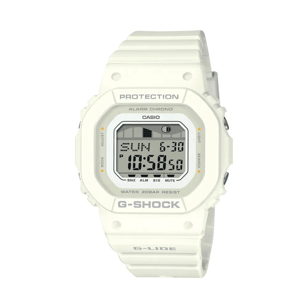 Casio G-Lide Mid Dig Natural Surf Led Moon Tide World Time 200M Water Resistant White Face And Resin Band GLXS5600-7B