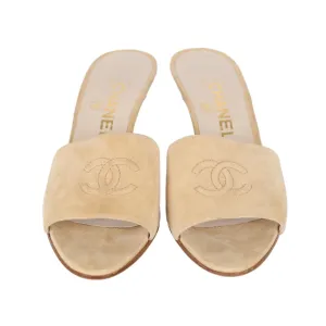 Chanel Tan Suede Logo Kitten Heel