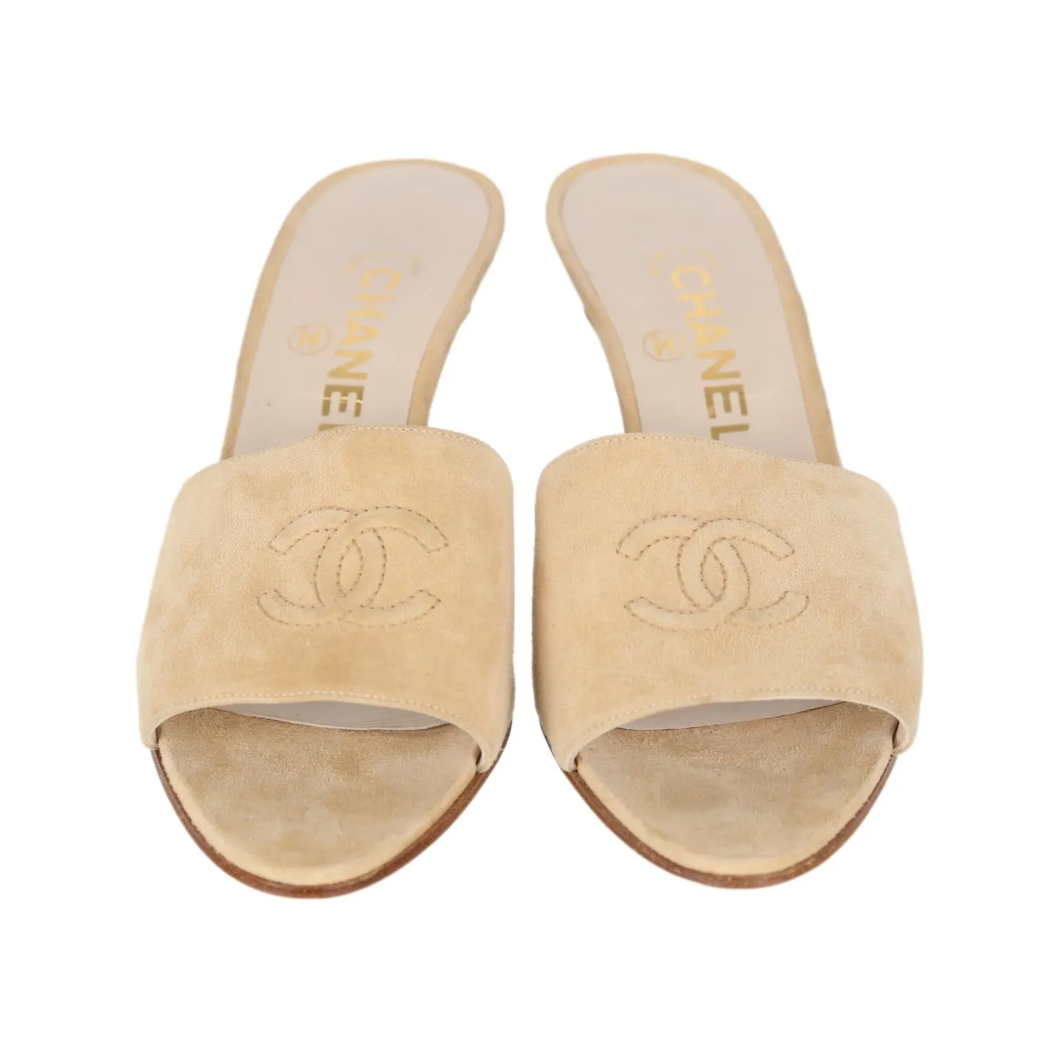 Chanel Tan Suede Logo Kitten Heel