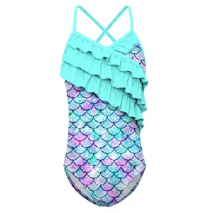 Child Girls Backless Swimsuit Size 8-9T One Piece Mermaid Bathing Suit Summer Casual Sun Protection UPF 50  Swimwear