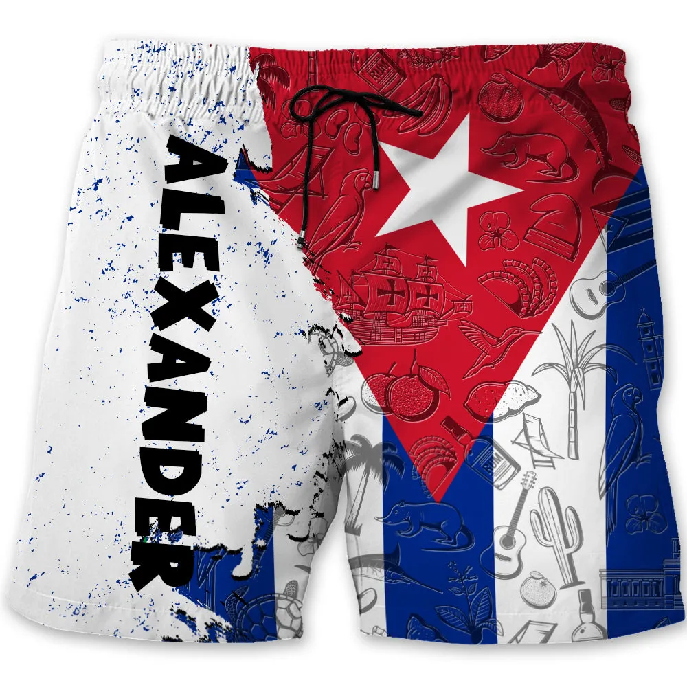Cuba Half Flag With Grunge Brush Men's Personalized Beach Shorts