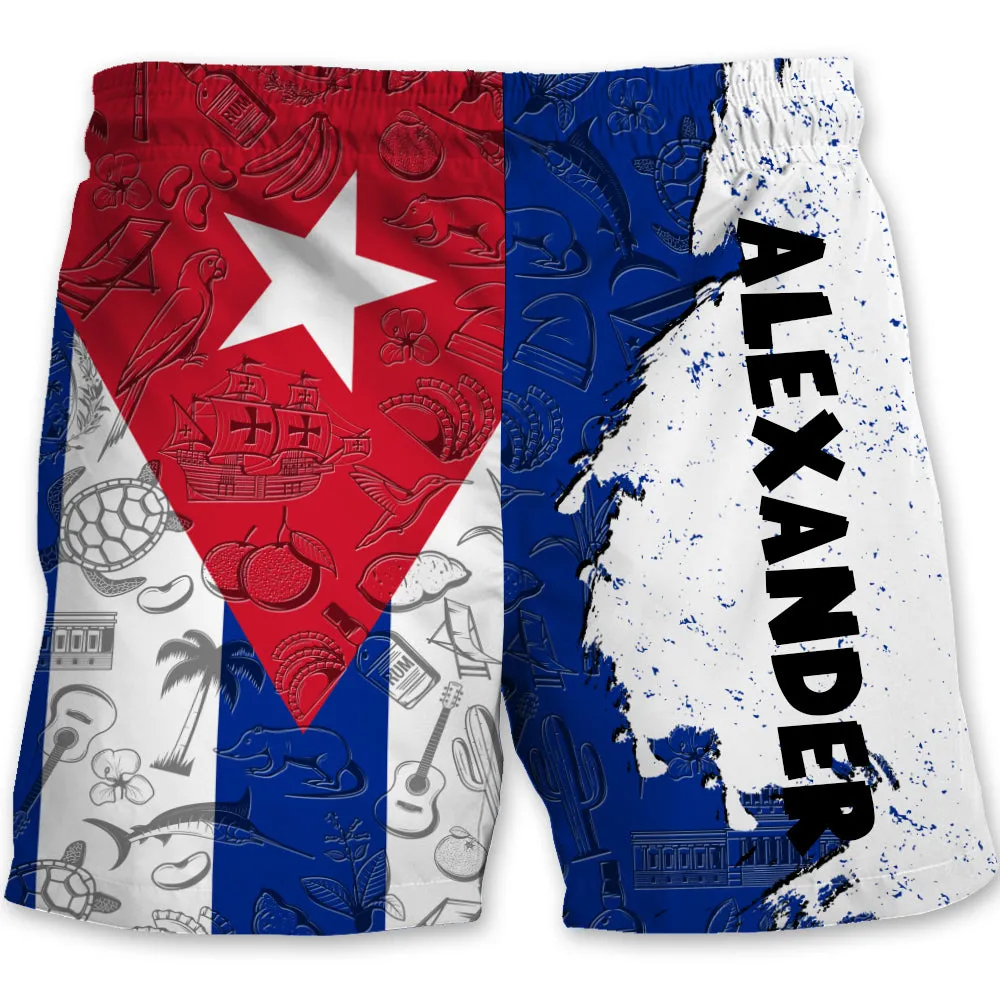 Cuba Half Flag With Grunge Brush Men's Personalized Beach Shorts