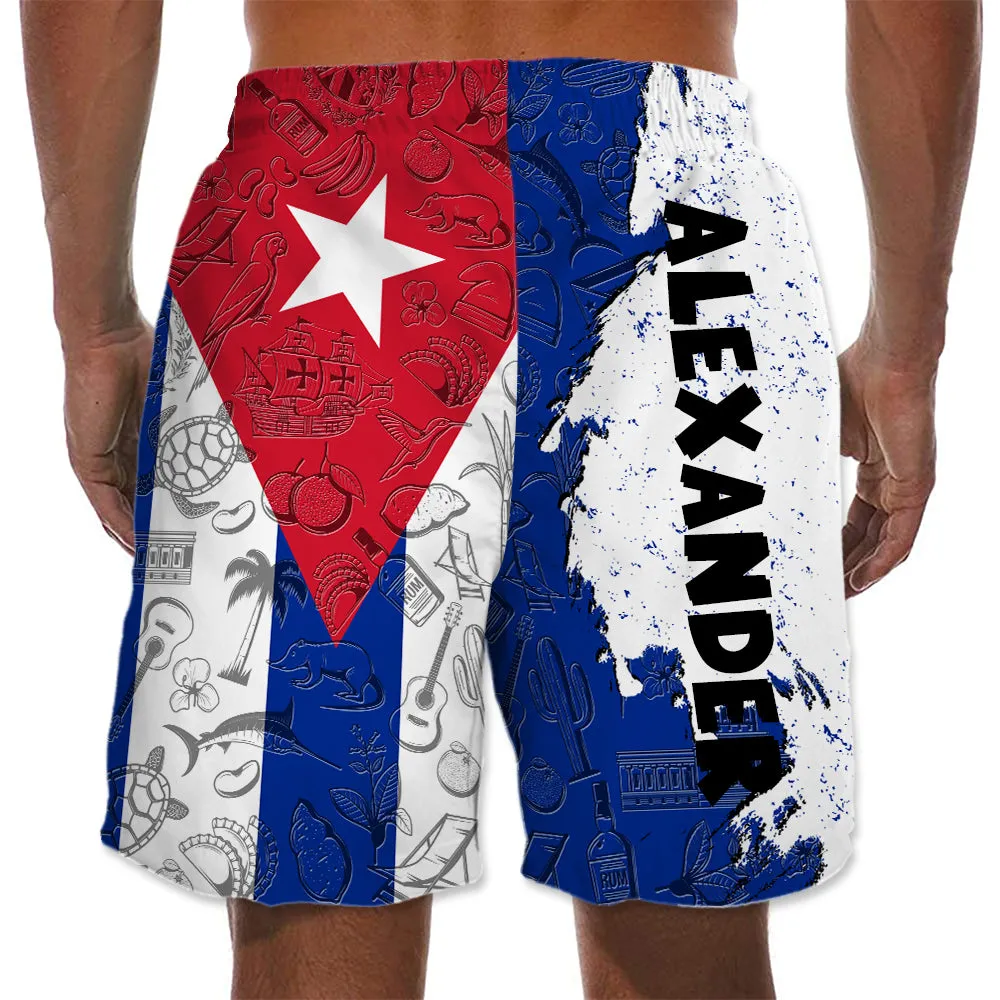 Cuba Half Flag With Grunge Brush Men's Personalized Beach Shorts