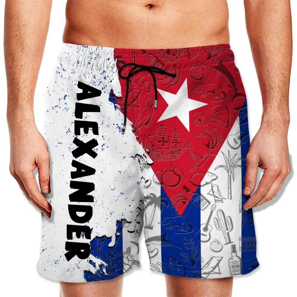 Cuba Half Flag With Grunge Brush Men's Personalized Beach Shorts