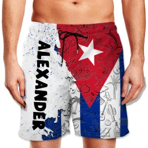 Cuba Half Flag With Grunge Brush Men's Personalized Beach Shorts
