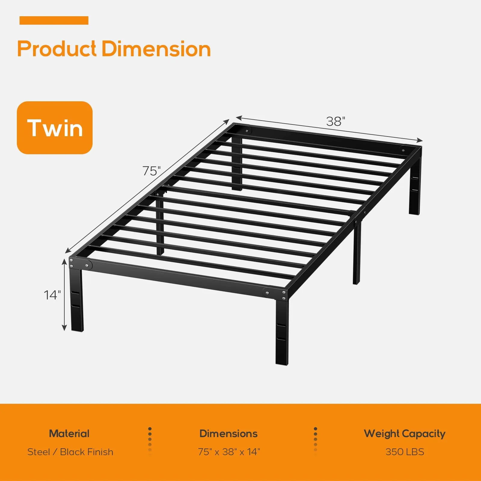 DUMOS Twin Size Bed Frame, Metal Platform Frames No Box Spring Needed, Heavy Duty with Storage Space, 14 Inches High, Sturdy Steel Slat Support, Black - new