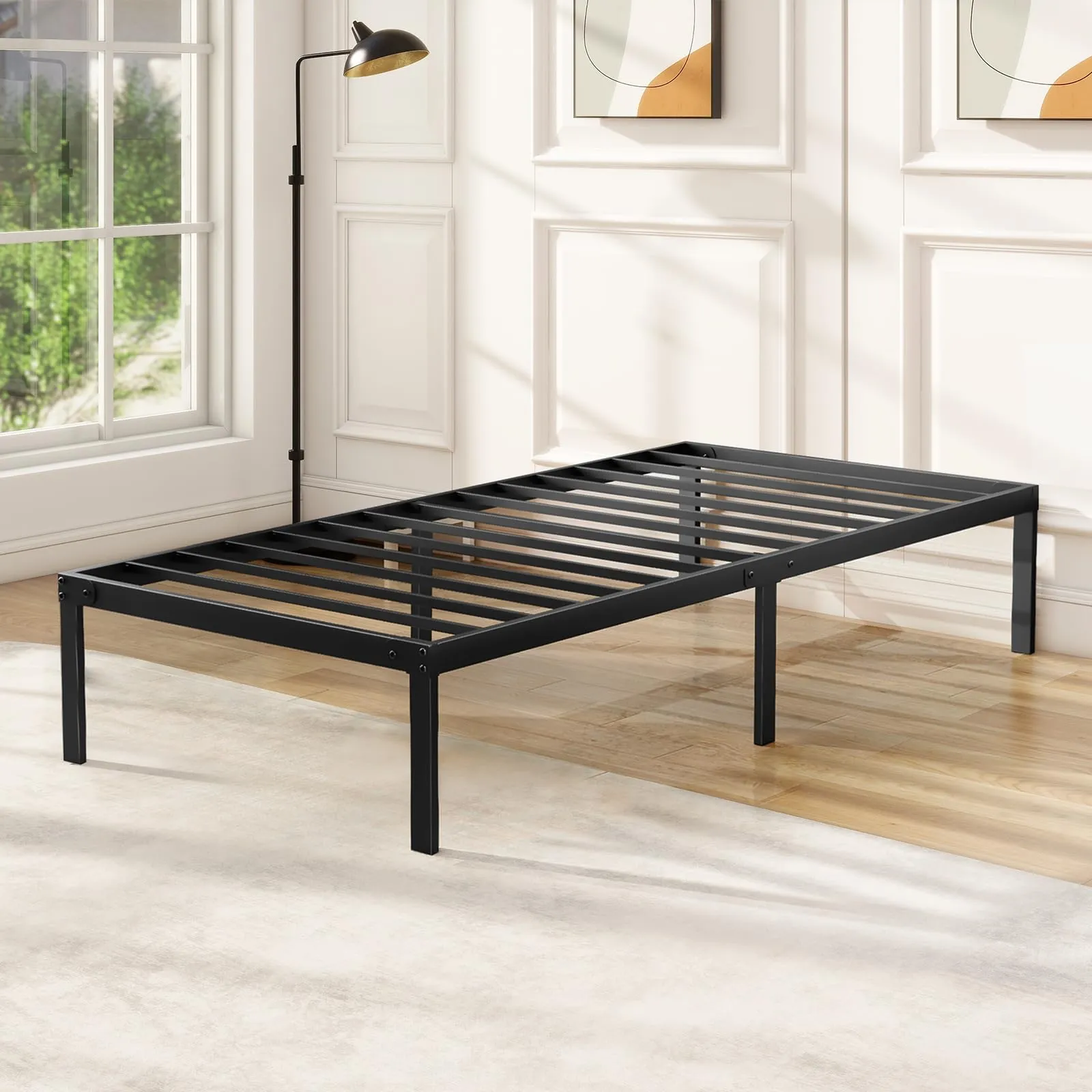 DUMOS Twin Size Bed Frame, Metal Platform Frames No Box Spring Needed, Heavy Duty with Storage Space, 14 Inches High, Sturdy Steel Slat Support, Black - new