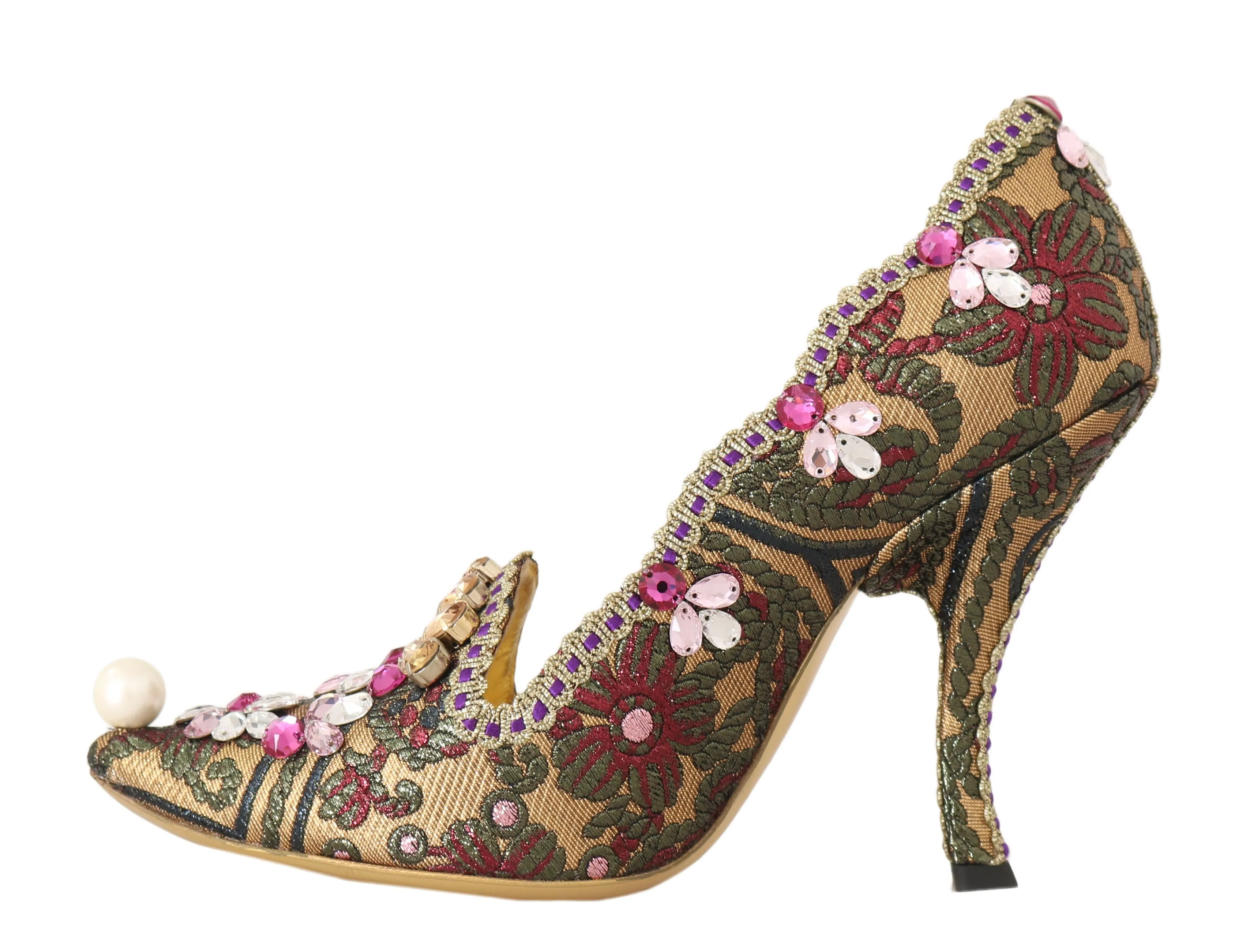 Gold Green Brocade Crystal Pumps