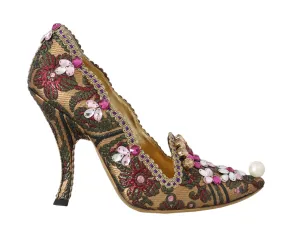 Gold Green Brocade Crystal Pumps
