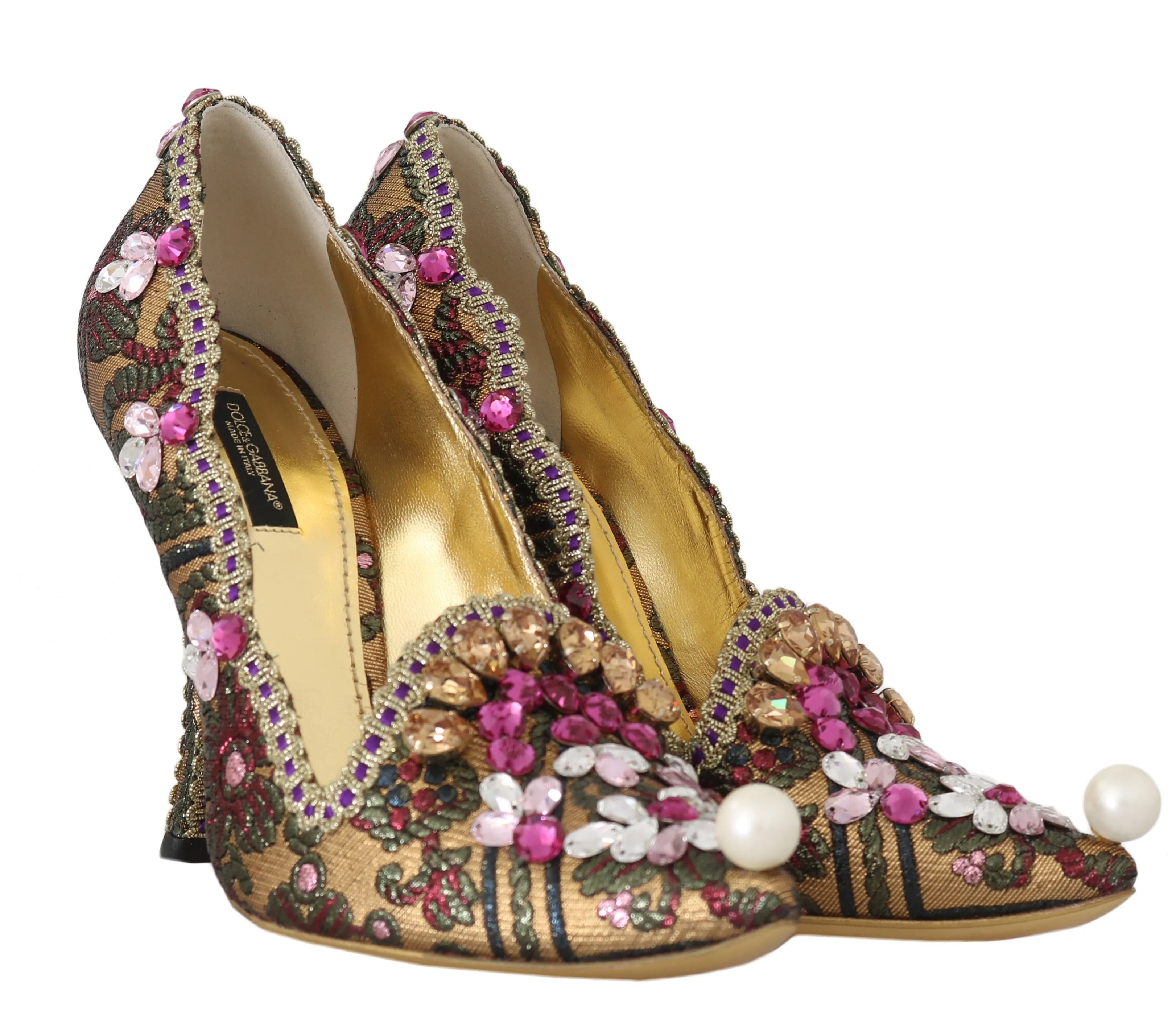 Gold Green Brocade Crystal Pumps