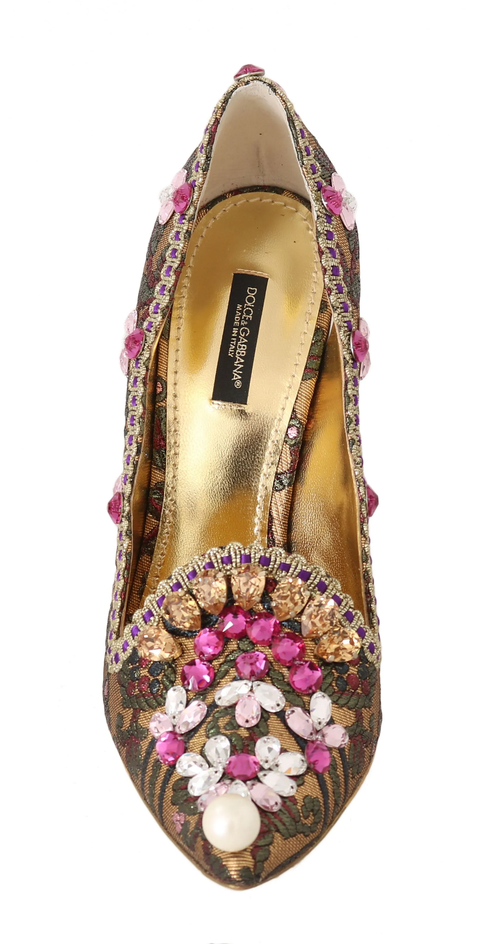 Gold Green Brocade Crystal Pumps