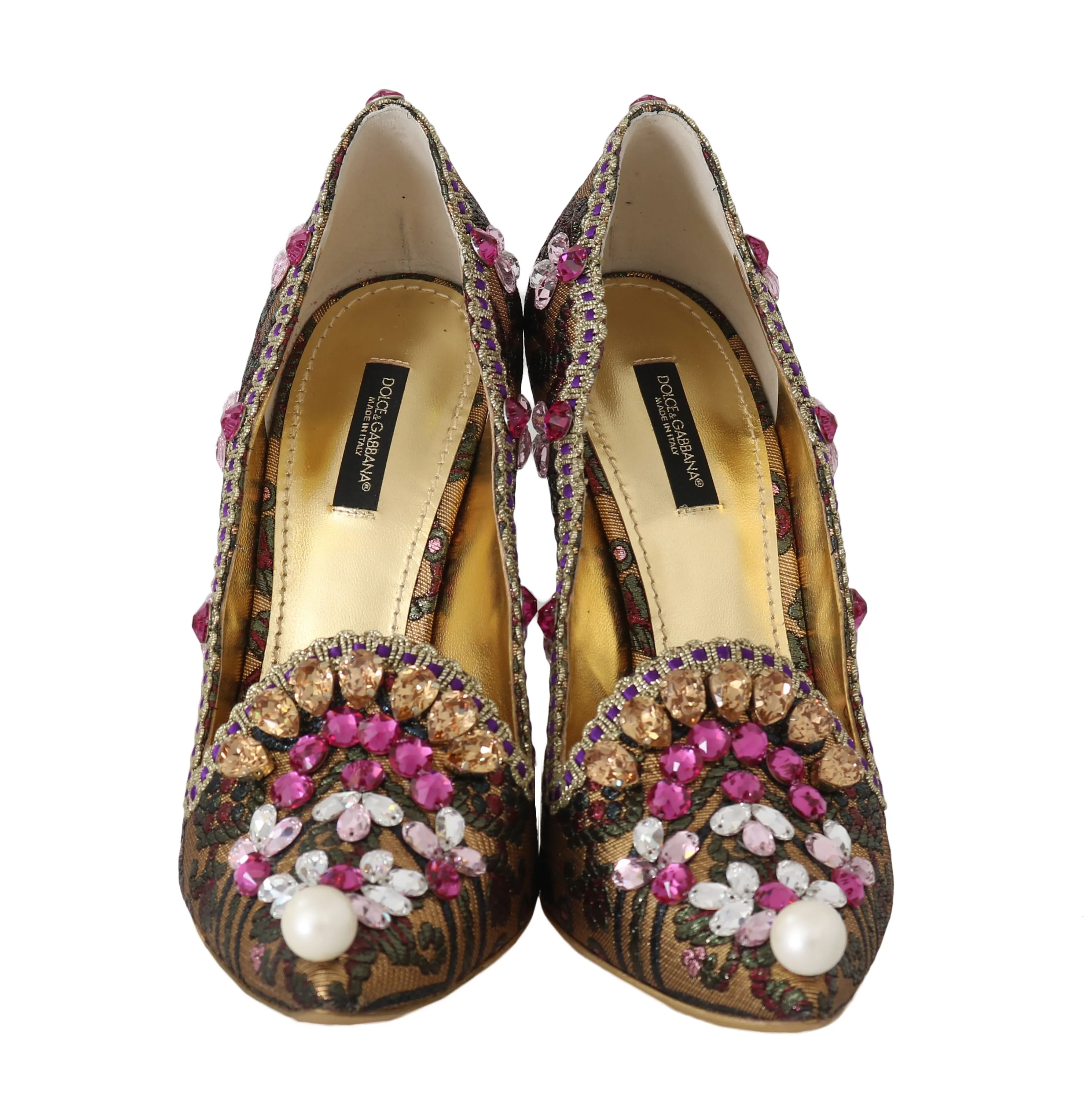 Gold Green Brocade Crystal Pumps
