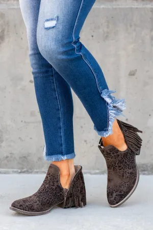 Jolie Leopard Print Fringe Boots - Taupe