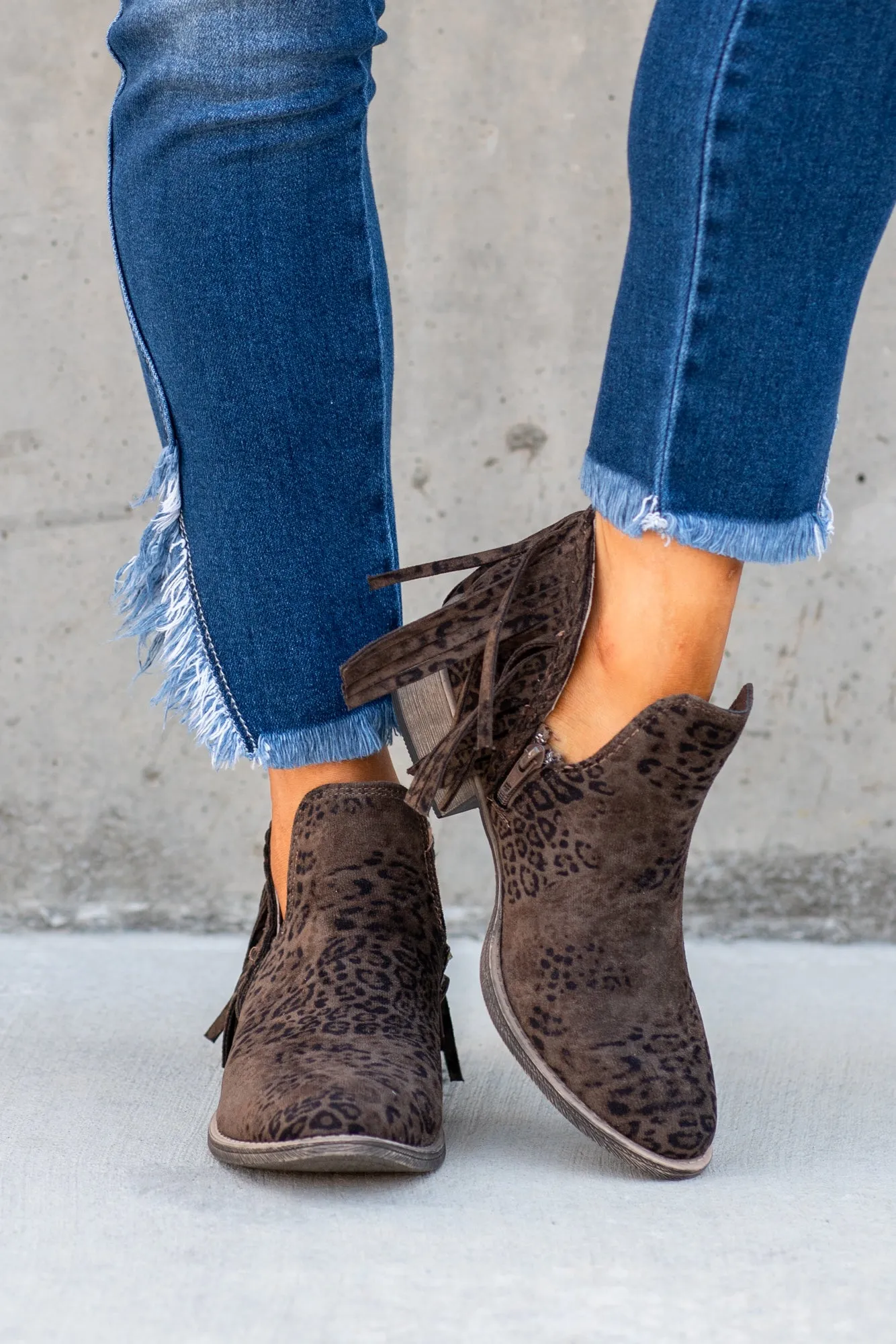 Jolie Leopard Print Fringe Boots - Taupe