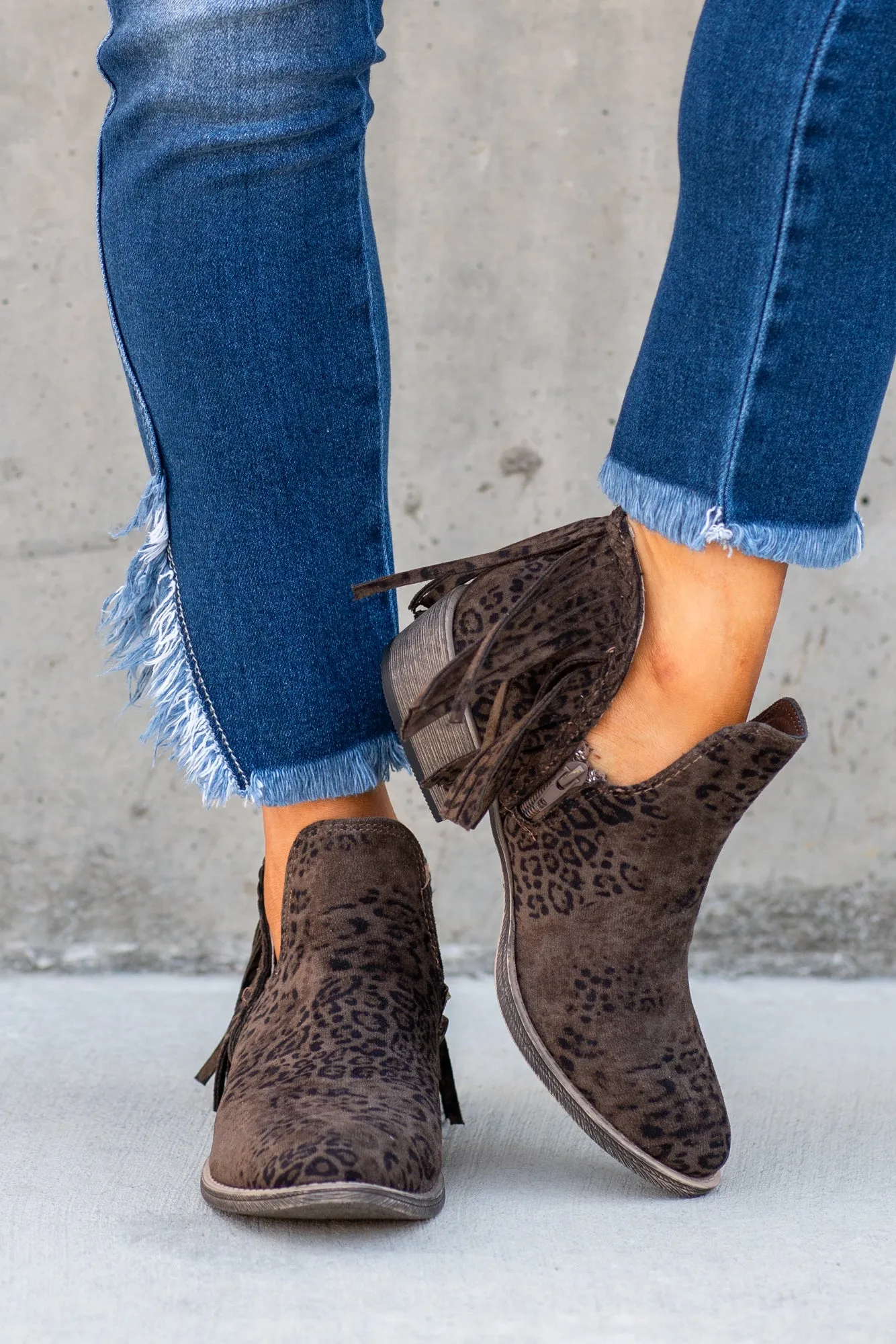 Jolie Leopard Print Fringe Boots - Taupe