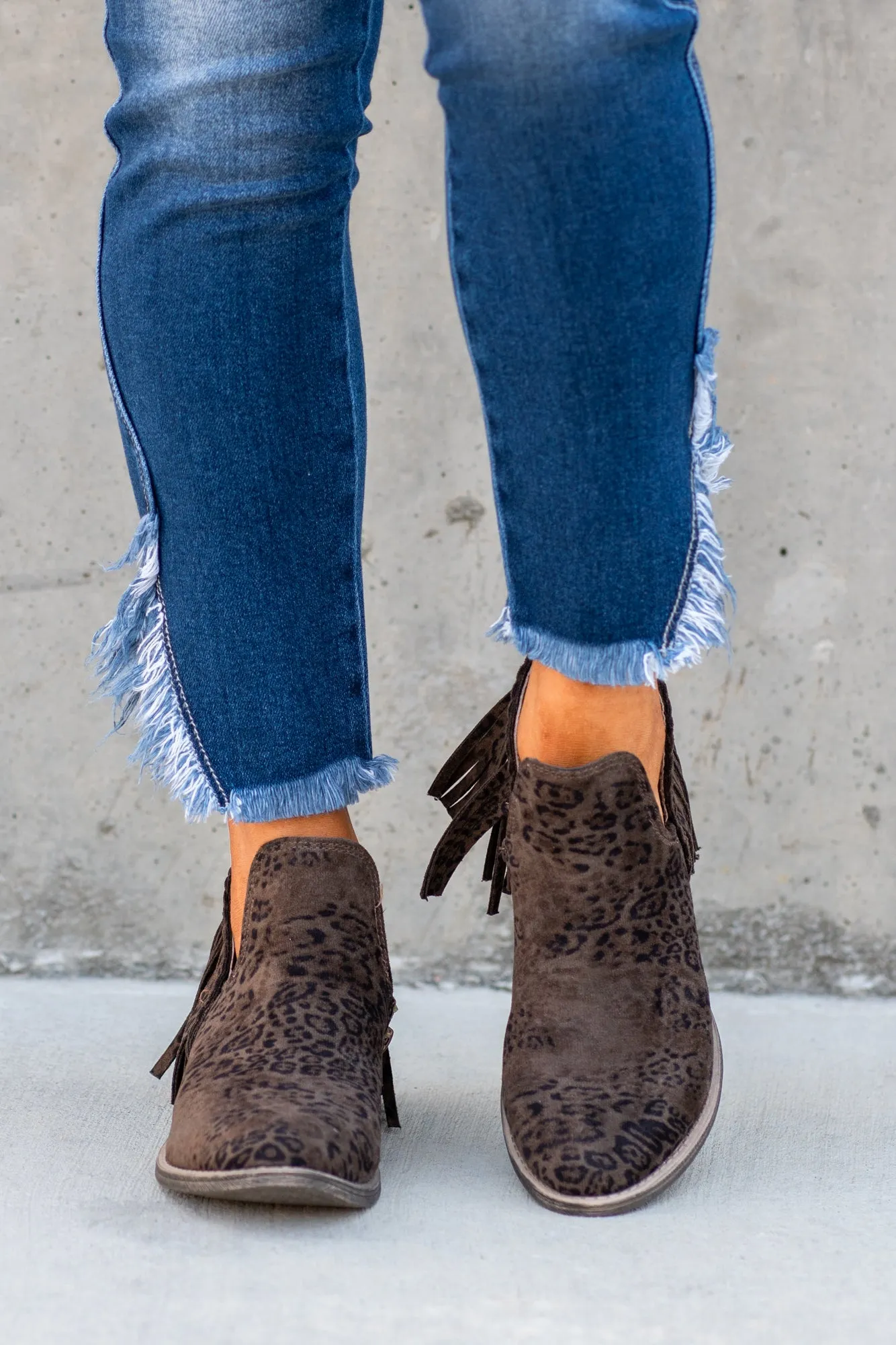 Jolie Leopard Print Fringe Boots - Taupe