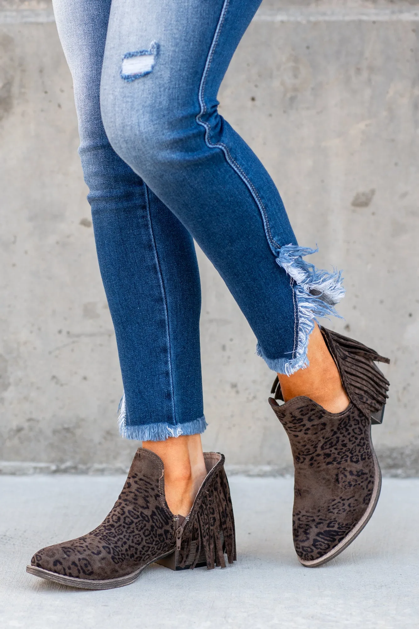 Jolie Leopard Print Fringe Boots - Taupe