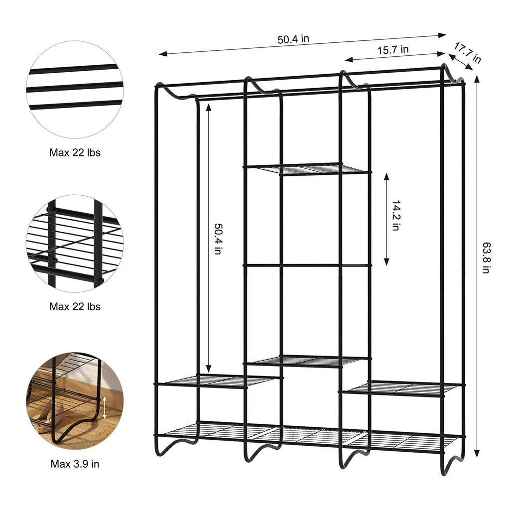 LANGRIA Large Free-Standing Closet Garment Rack Made of Sturdy Iron with Spacious Storage Space, 8 Shelves, Clothes Hanging Rods, Heavy Duty Clothes Organizer for Bedroom, Entryway (Black)