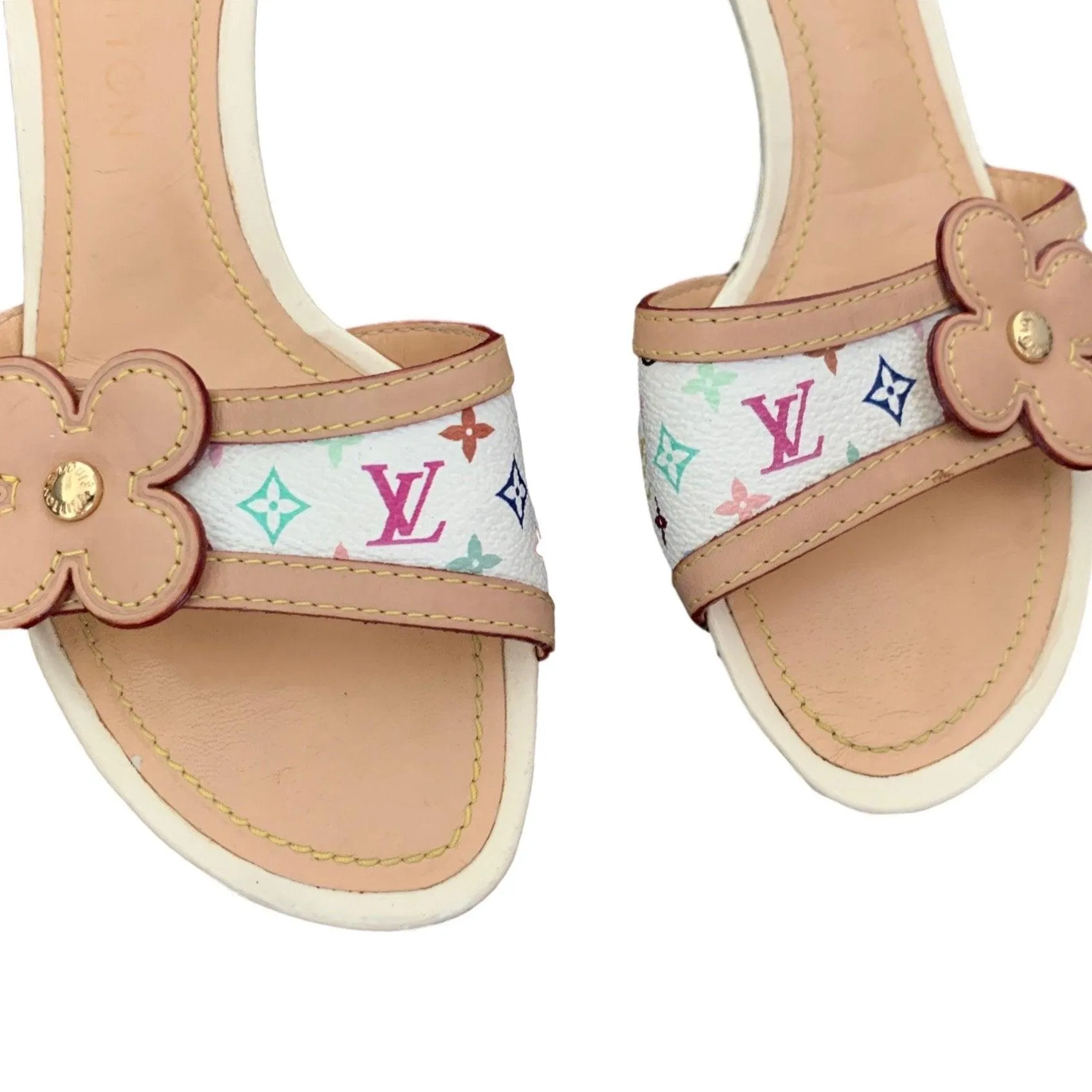 Louis Vuitton White Multicolor Flower Logo Kitten Heels