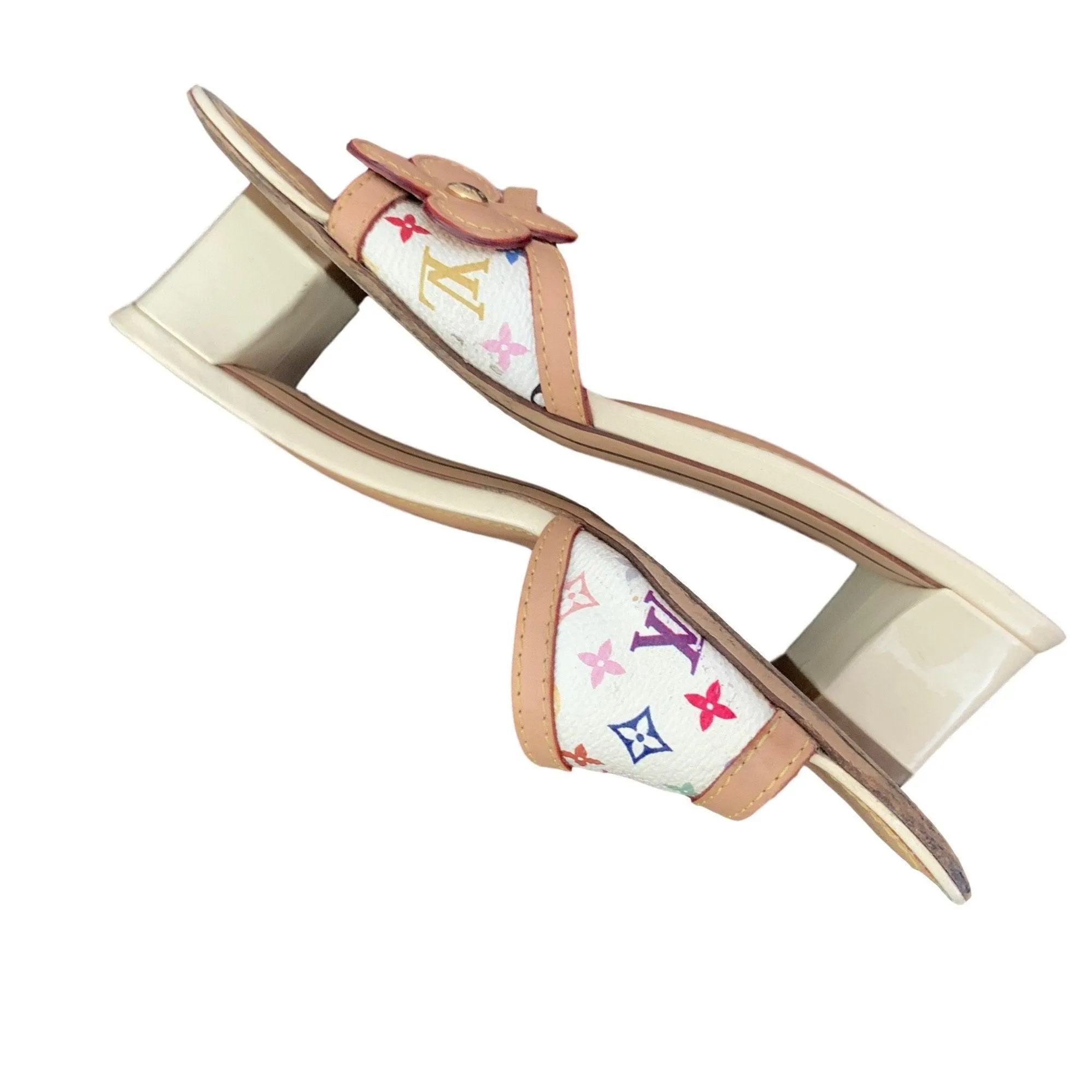 Louis Vuitton White Multicolor Flower Logo Kitten Heels
