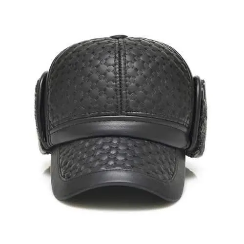 Men Male PU Leather Earflap Ear Muffs Baseball Cap Adjustable Blank Golf Outdoor Hat