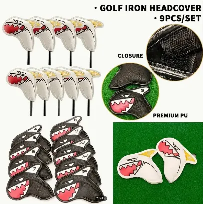 NEW 9pcs PU Waterproof And Wear-resistant Covers With Cute Shark Pattern Design, Golf Club Head Covers