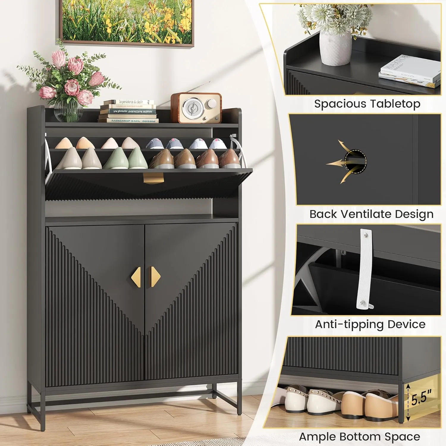 New ASSEMBLED Retails $439  Shoe Cabinet with Flip Drawer and Storage Shelves, Shoe Storage Cabinet with Doors, Modern Shoe Rack with Open Shelf, Wooden Shoe Rack Shoe Storage Organizer for Living Room, Hallway