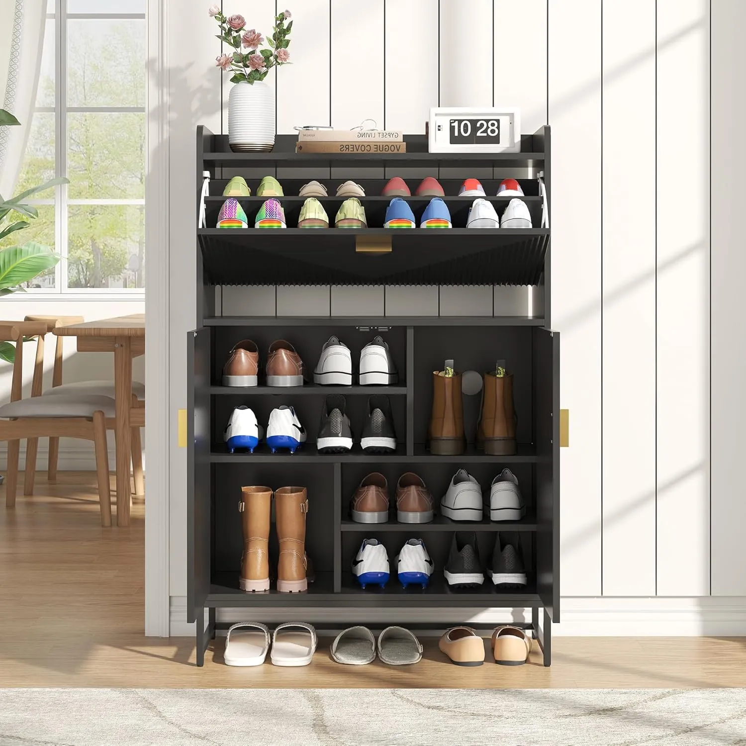 New ASSEMBLED Retails $439  Shoe Cabinet with Flip Drawer and Storage Shelves, Shoe Storage Cabinet with Doors, Modern Shoe Rack with Open Shelf, Wooden Shoe Rack Shoe Storage Organizer for Living Room, Hallway