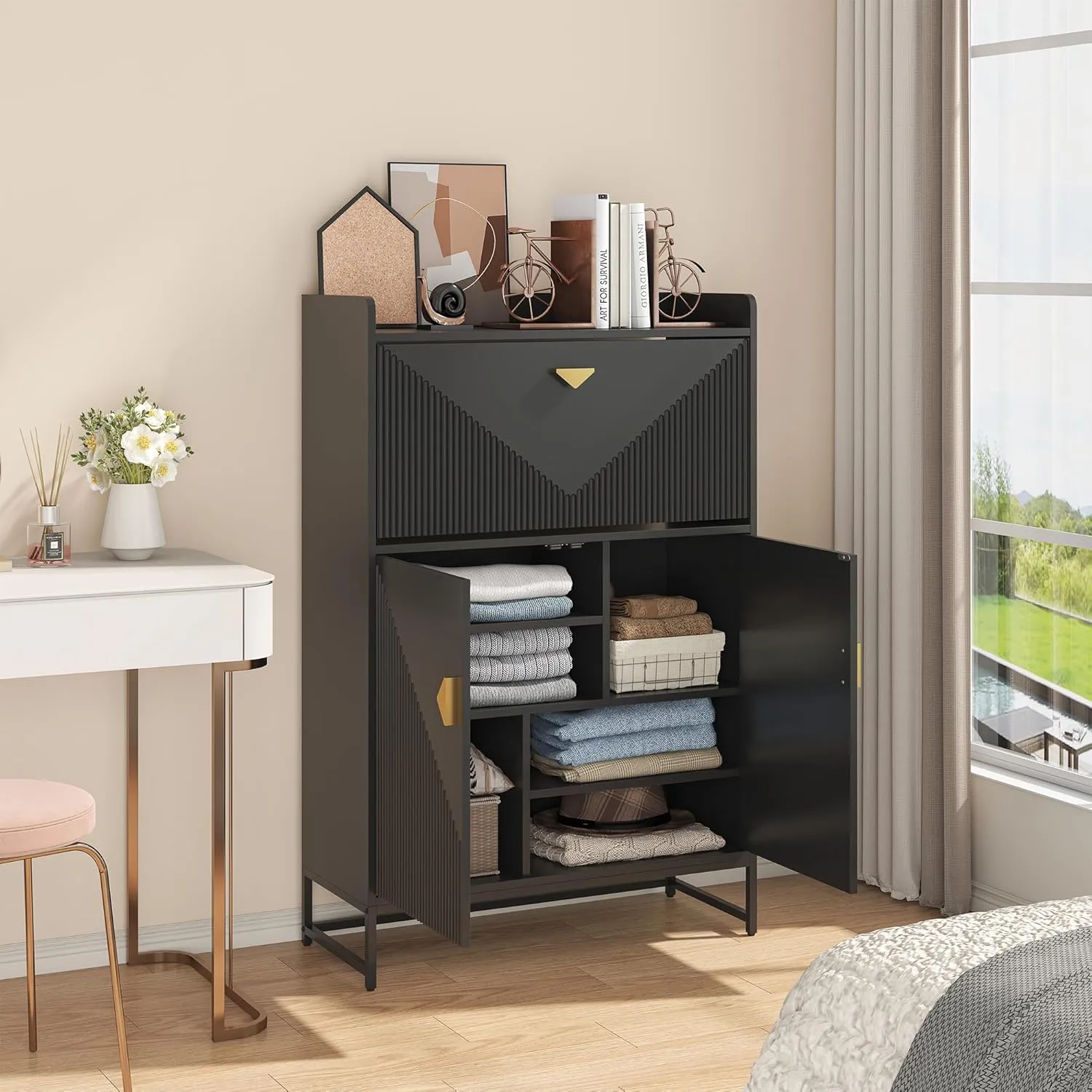 New ASSEMBLED Retails $439  Shoe Cabinet with Flip Drawer and Storage Shelves, Shoe Storage Cabinet with Doors, Modern Shoe Rack with Open Shelf, Wooden Shoe Rack Shoe Storage Organizer for Living Room, Hallway